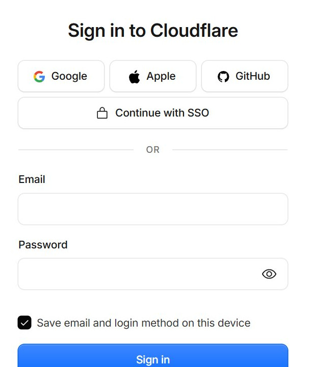 Sign in to Cloudflare の画面。Google・Apple・GitHub で登録するボタンと、メールアドレスとパスワードの欄がある