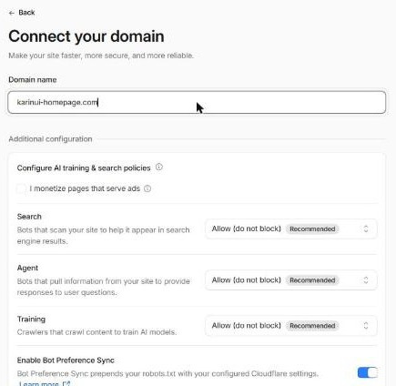 Connect your domain の画面。ドメイン名の欄に karinui-homepage.com と入れ、その下にAIのクローラーの扱いを選ぶ欄がある
