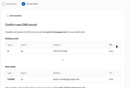 Confirm new DNS record の画面。いまの A レコード 210.131.237.248 を、CNAME karinui-homepage.pages.dev に置き換えると表示されている