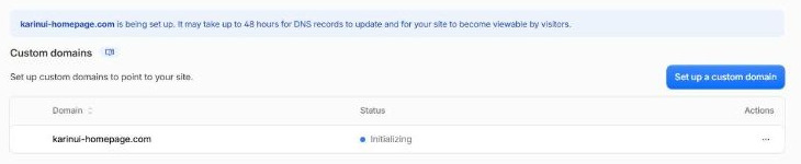 Custom domains の一覧。karinui-homepage.com が Initializing と表示され、最大48時間かかると案内されている